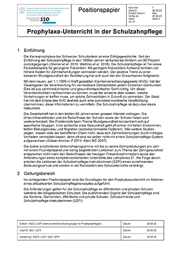 Positionspapier Prophylaxe-Unterricht in der Schulzahnpflege